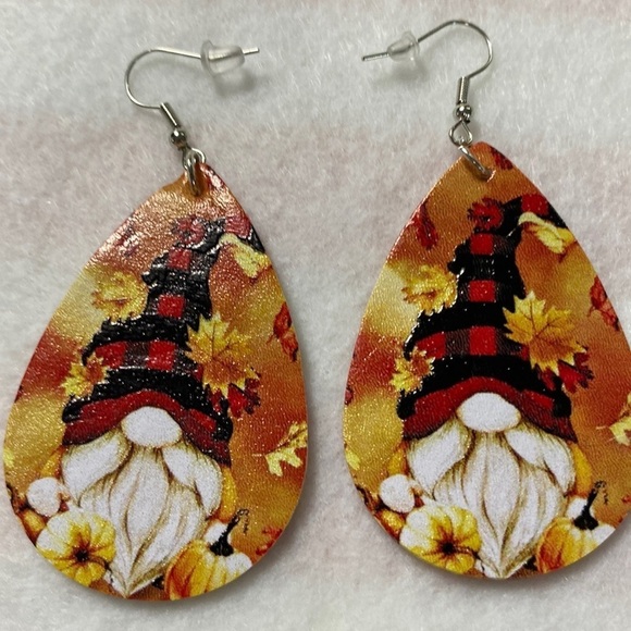 Hand Crafted Jewelry - Faux Leather Teardrop Gnome Earrings Print Both sides (CO)